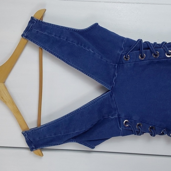 C'est Toi  Denim Mini Dress Deep V Side lace up grommets  Edgy sexy  Sz.S - Picture 5 of 10